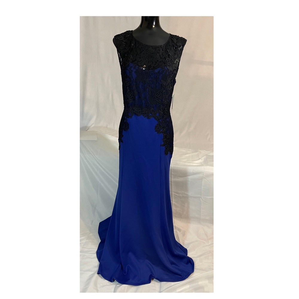 Melrose long black and cobalt blue gown.
